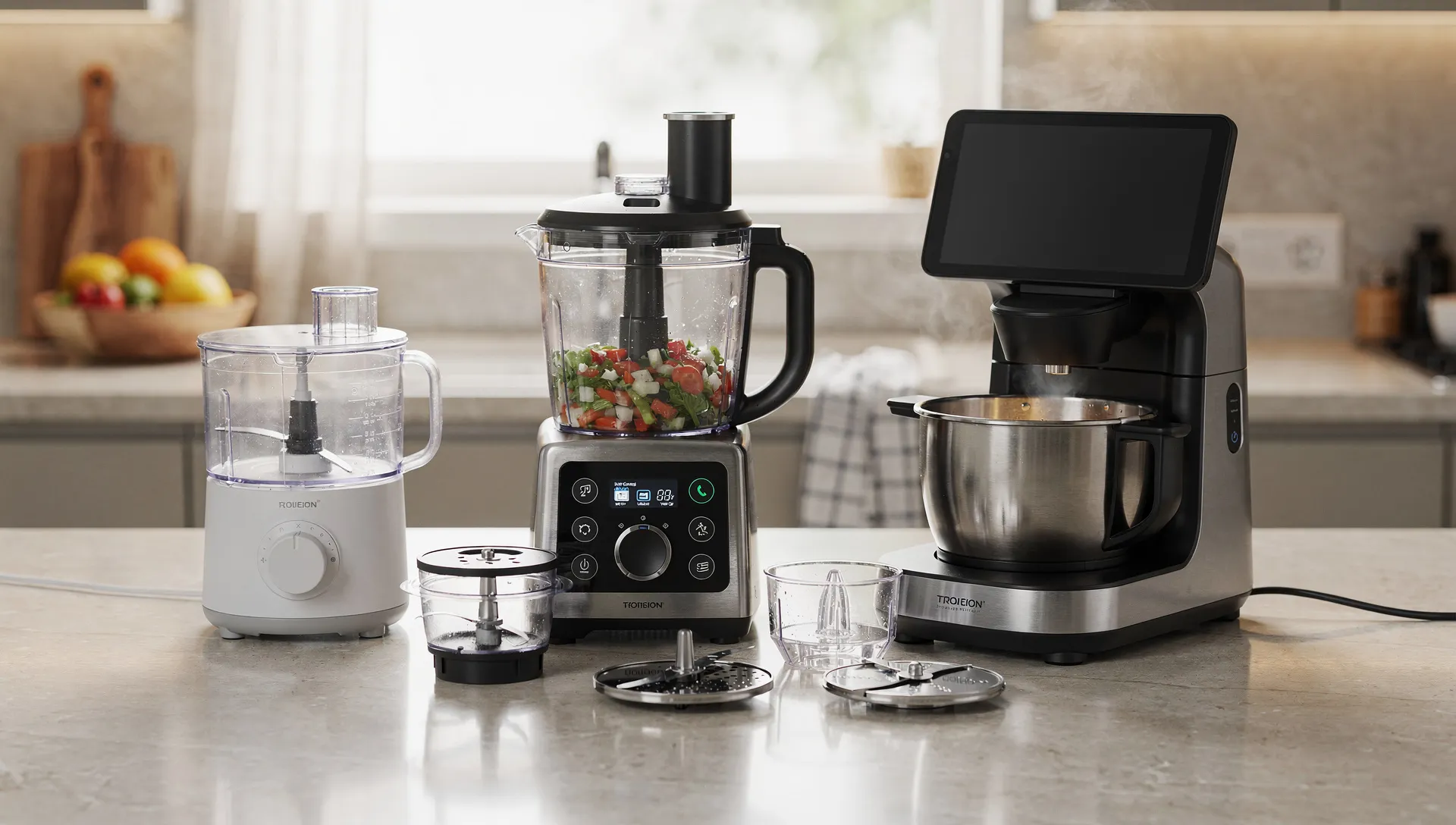 Tre robot da cucina di fasce diverse su un piano cucina, dal modello base a quello smart premium