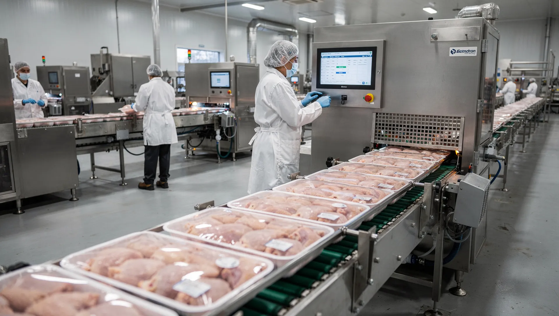 Linea industriale per la lavorazione e il confezionamento di prodotti a base di pollame con area etichettatura